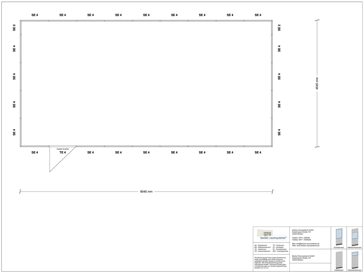 Zeichnung für Stellwand 4-seitig 9,00 x 4,50 m System RS 45 von Becker Raumsysteme - Artikel SW4-9045
