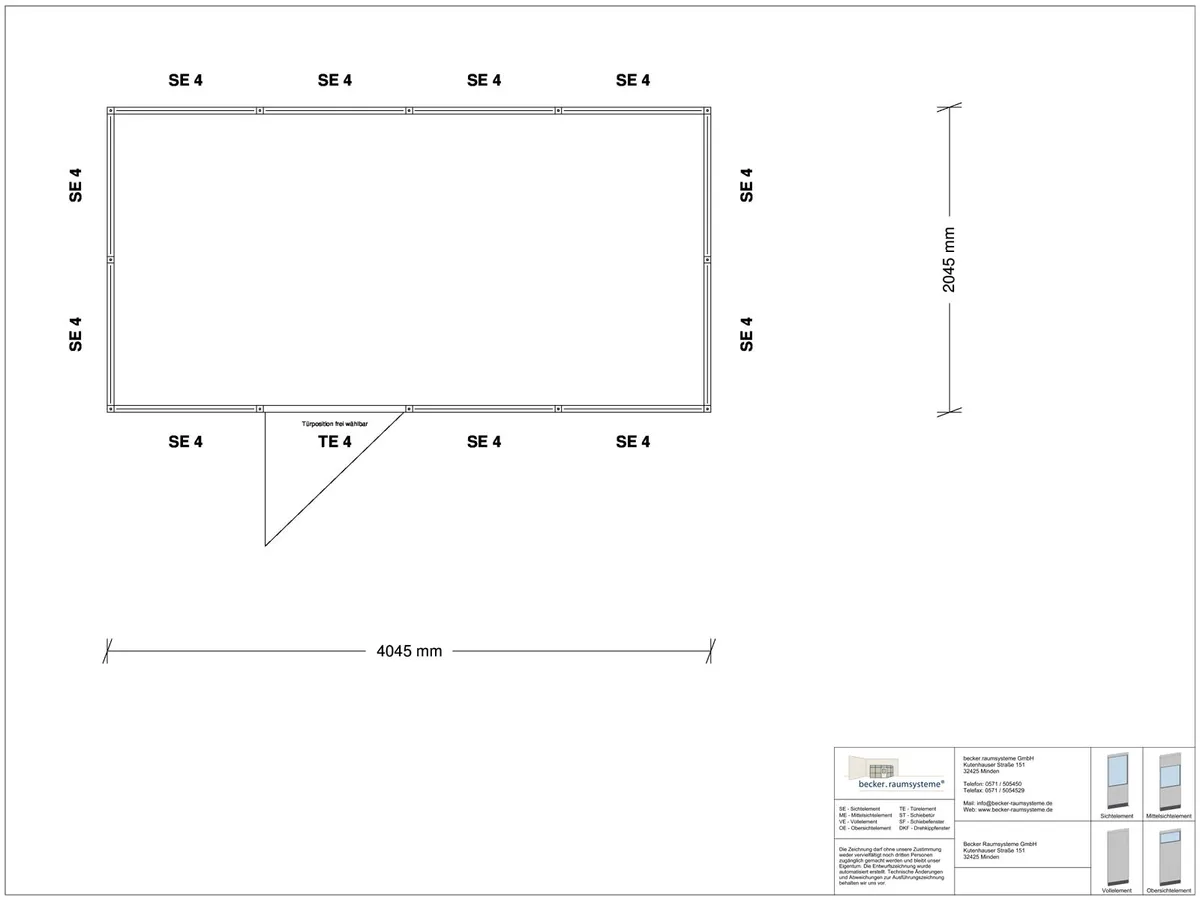Zeichnung für Stellwand 4-seitig 4,00 x 2,00 m System RS 45 von Becker Raumsysteme - Artikel SW4-4020