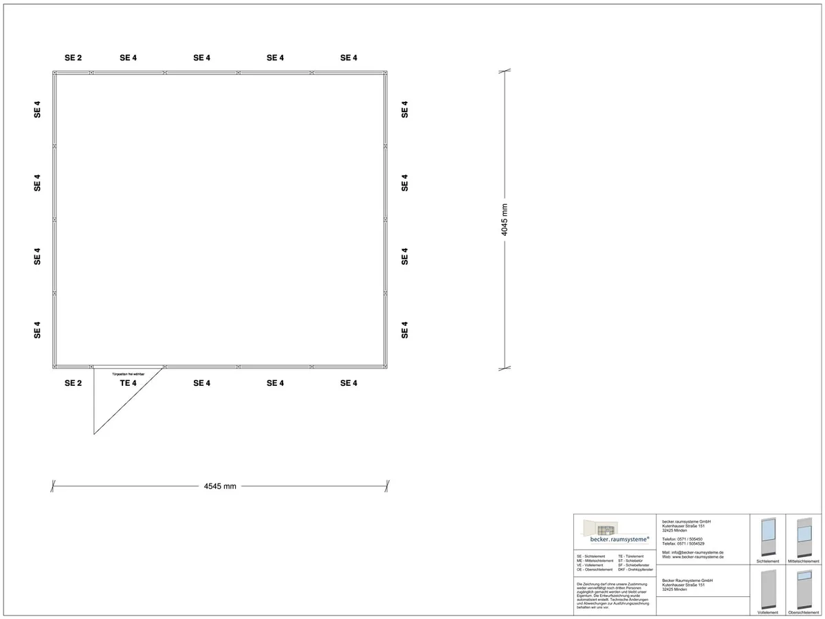 Zeichnung für Stellwand 4-seitig 4,50 x 4,00 m System RS 45 von Becker Raumsysteme - Artikel SW4-4540