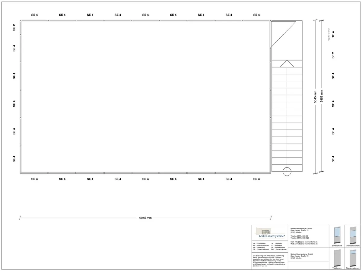 Zeichnung für Hallenbüro auf Stahlbau 4-seitig 9,00 x 5,50 m System RS 45 von Becker Raumsysteme - Artikel HS4-9055