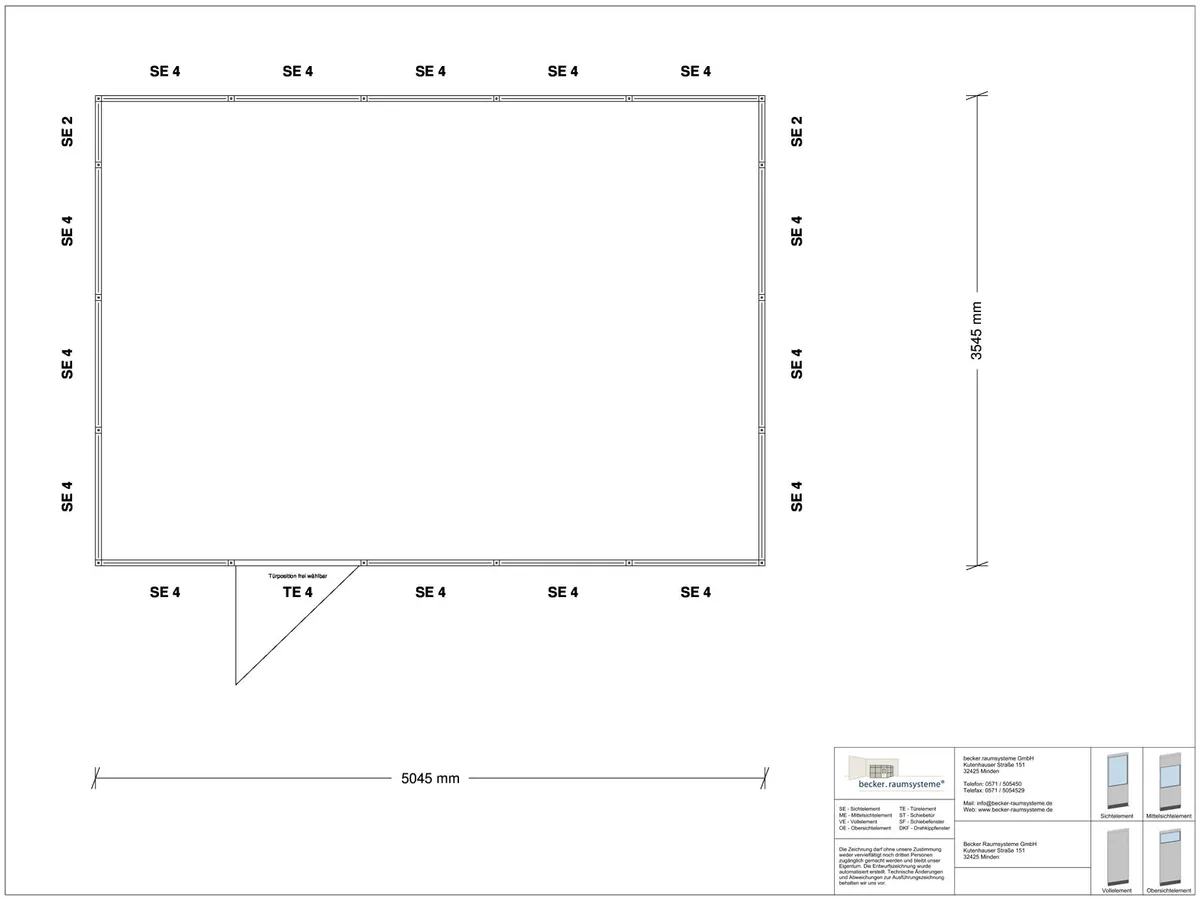 Zeichnung für Stellwand 4-seitig 5,00 x 3,50 m System RS 45 von Becker Raumsysteme - Artikel SW4-5035