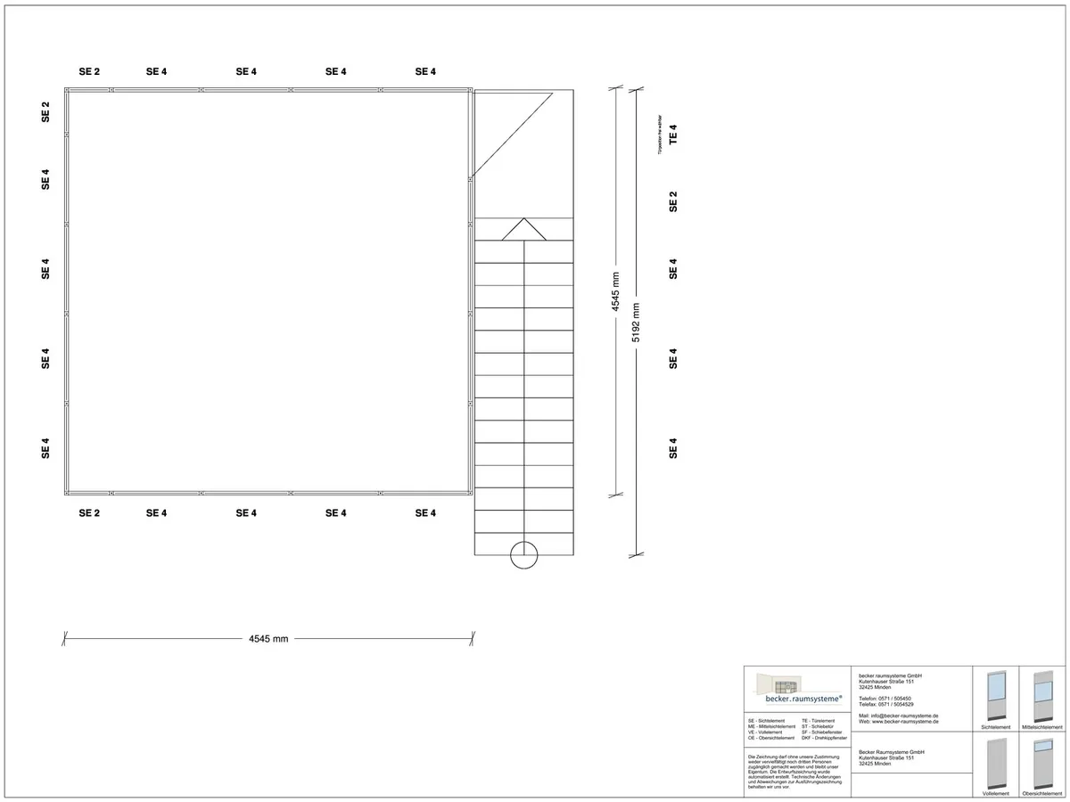 Zeichnung für Hallenbüro auf Stahlbau 4-seitig 4,50 x 4,50 m System RS 45 von Becker Raumsysteme - Artikel HS4-4545