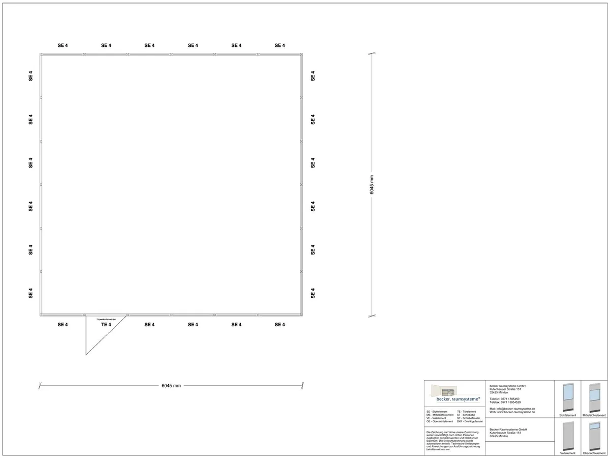 Zeichnung für Hallenbüro 4-seitig 6,00 x 6,00 m System RS 45 von Becker Raumsysteme - Artikel HB4-6060