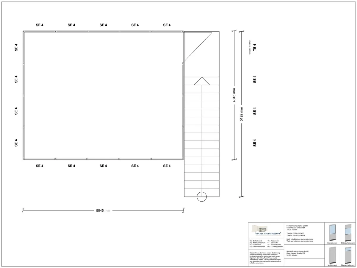 Zeichnung für Hallenbüro als Doppelstock 4-seitig 5,00 x 4,00 m System RS 45 von Becker Raumsysteme - Artikel HD4-5040
