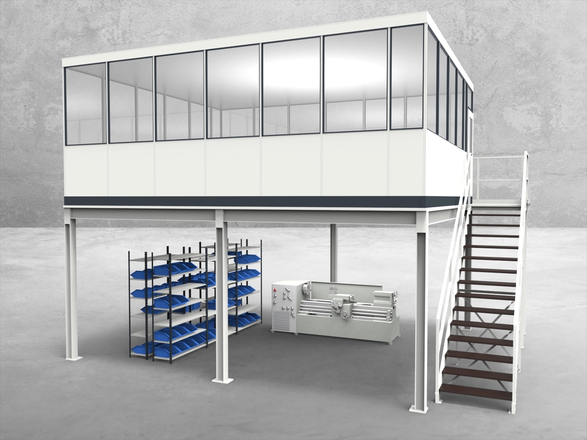Aussenansicht für Hallenbüro auf Stahlbau 4-seitig 6,50 x 5,50 m System RS 45 von Becker Raumsysteme - Artikel HS4-6555