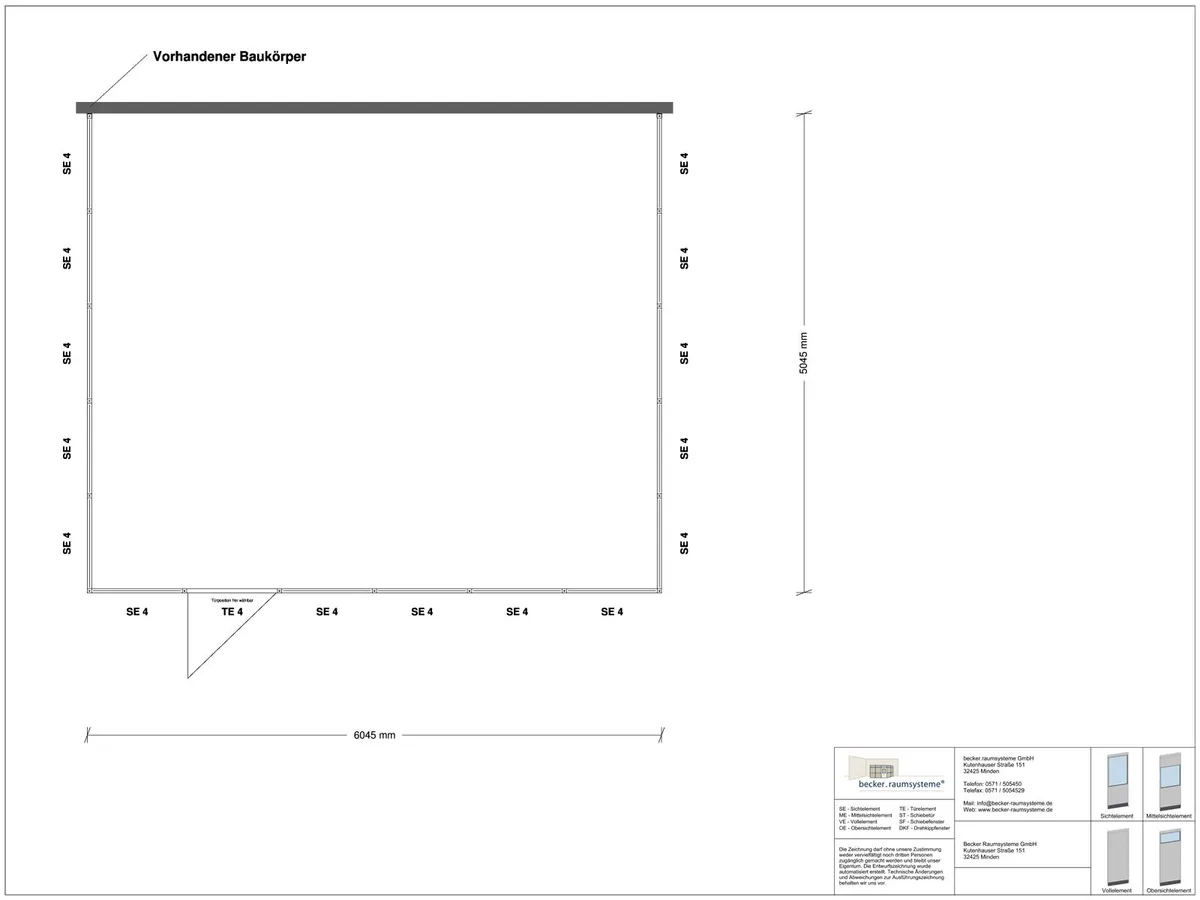 Zeichnung für Hallenbüro 3-seitig 6,00 x 5,00 m System RS 45 von Becker Raumsysteme - Artikel HB3-6050