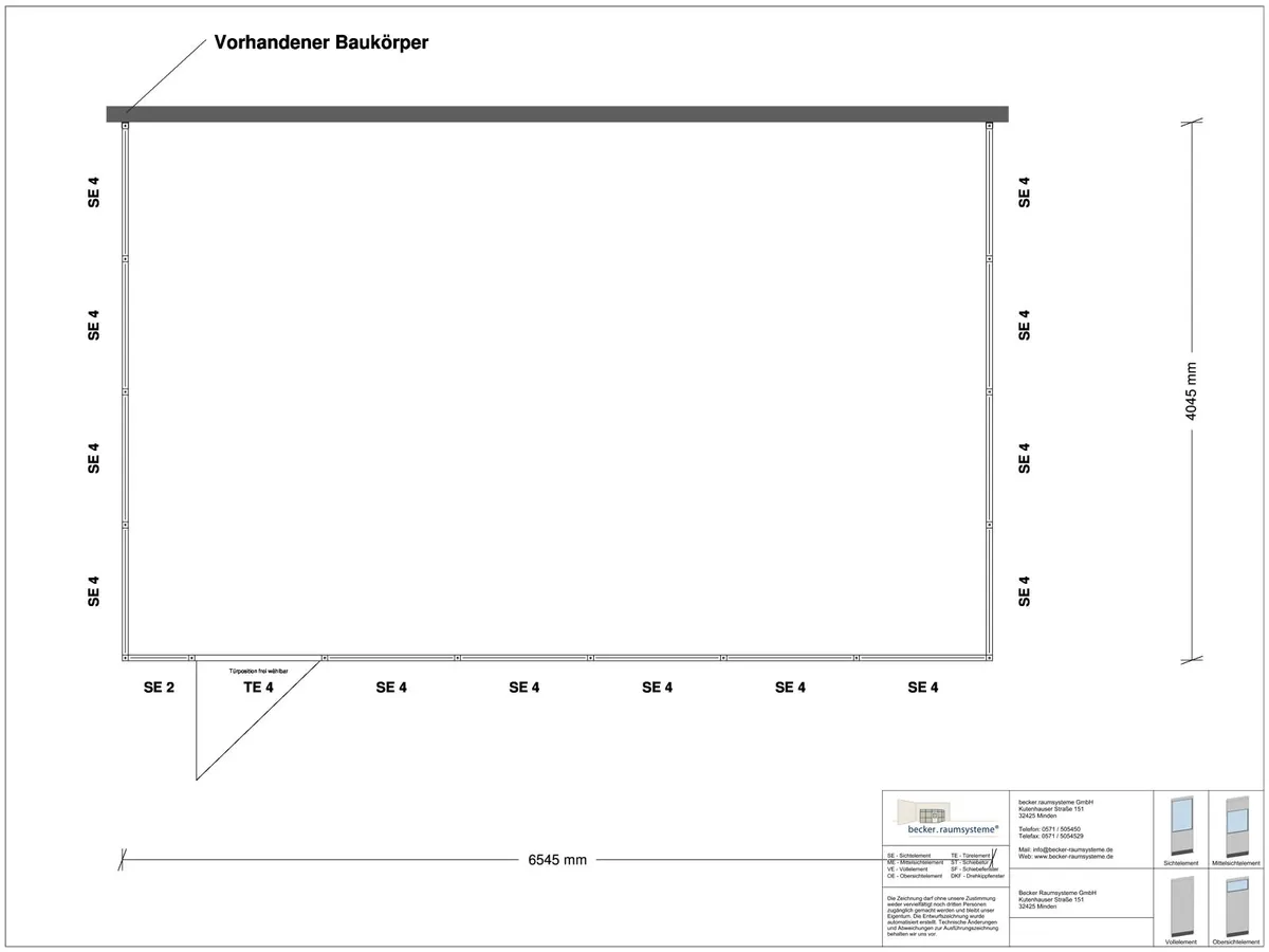 Zeichnung für Hallenbüro 3-seitig 6,50 x 4,00 m System RS 45 von Becker Raumsysteme - Artikel HB3-6540