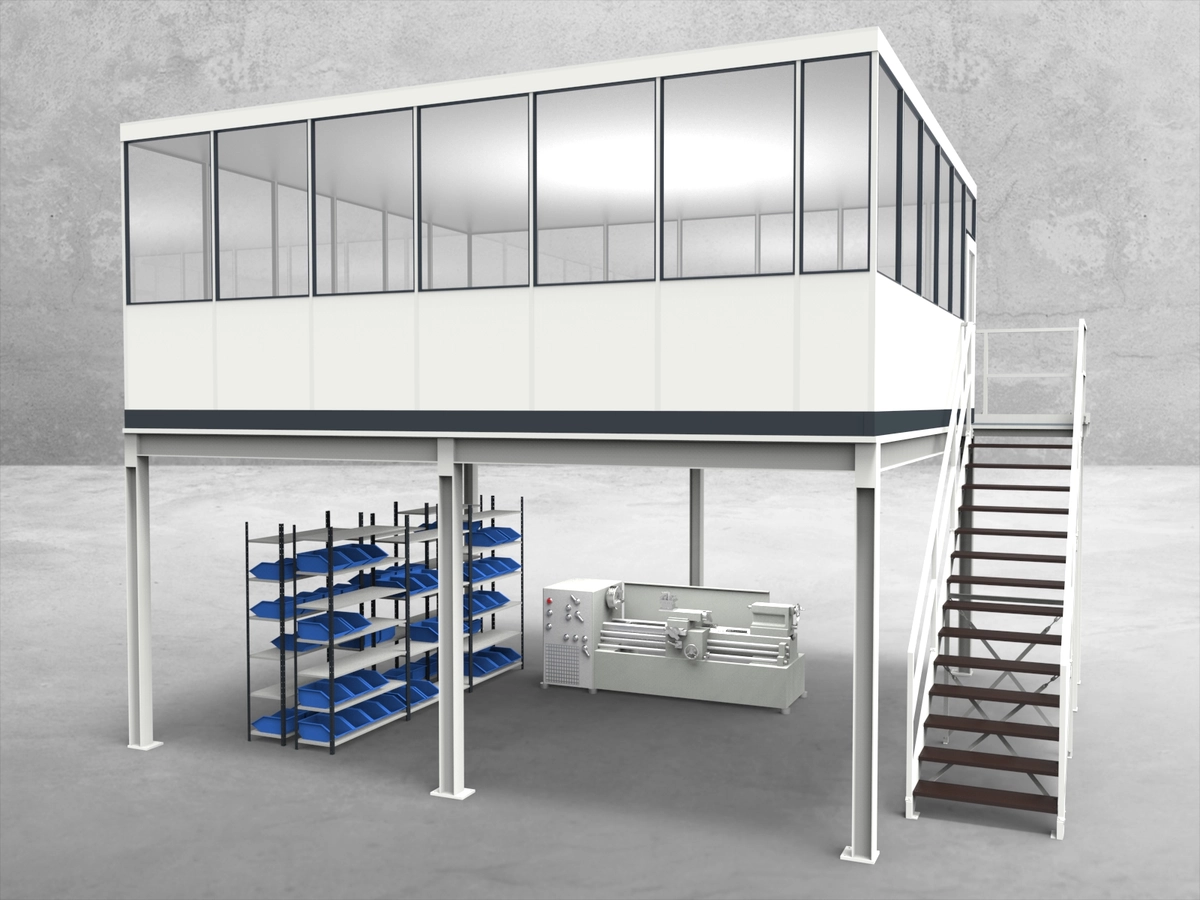 Aussenansicht für Hallenbüro auf Stahlbau 4-seitig 6,50 x 6,00 m System RS 45 von Becker Raumsysteme - Artikel HS4-6560
