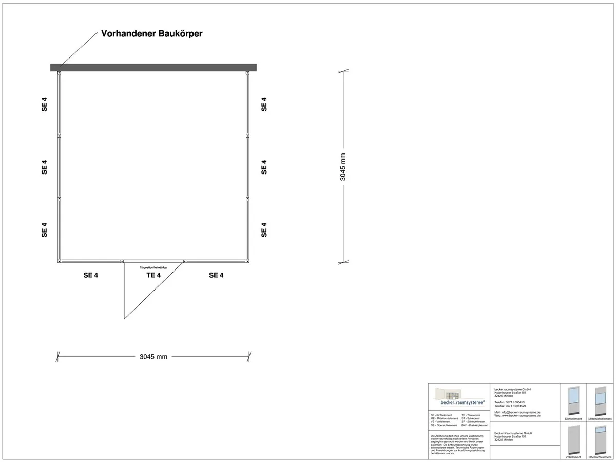 Zeichnung für Hallenbüro 3-seitig 3,00 x 3,00 m System RS 45 von Becker Raumsysteme - Artikel HB3-3030