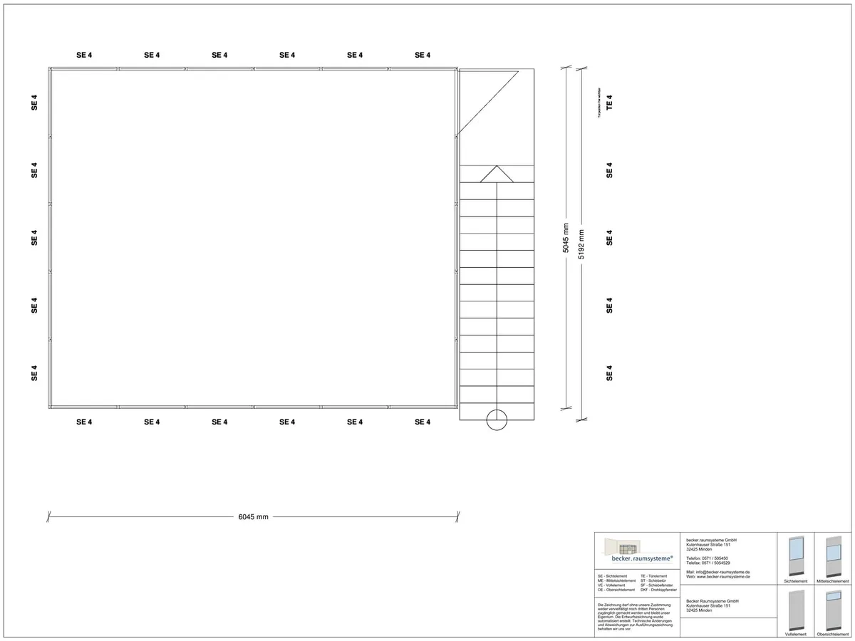 Zeichnung für Hallenbüro als Doppelstock 4-seitig 6,00 x 5,00 m System RS 45 von Becker Raumsysteme - Artikel HD4-6050