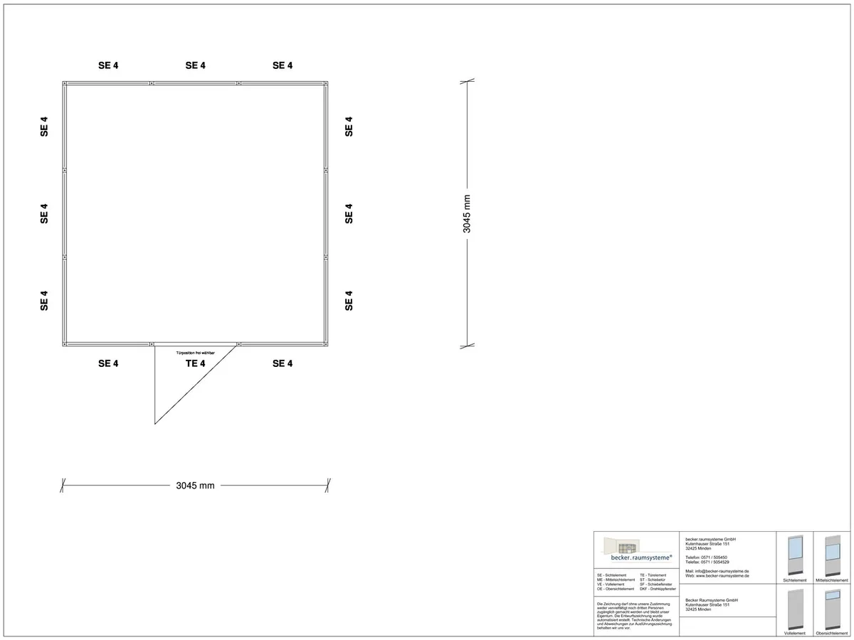 Zeichnung für Stellwand 4-seitig 3,00 x 3,00 m System RS 45 von Becker Raumsysteme - Artikel SW4-3030