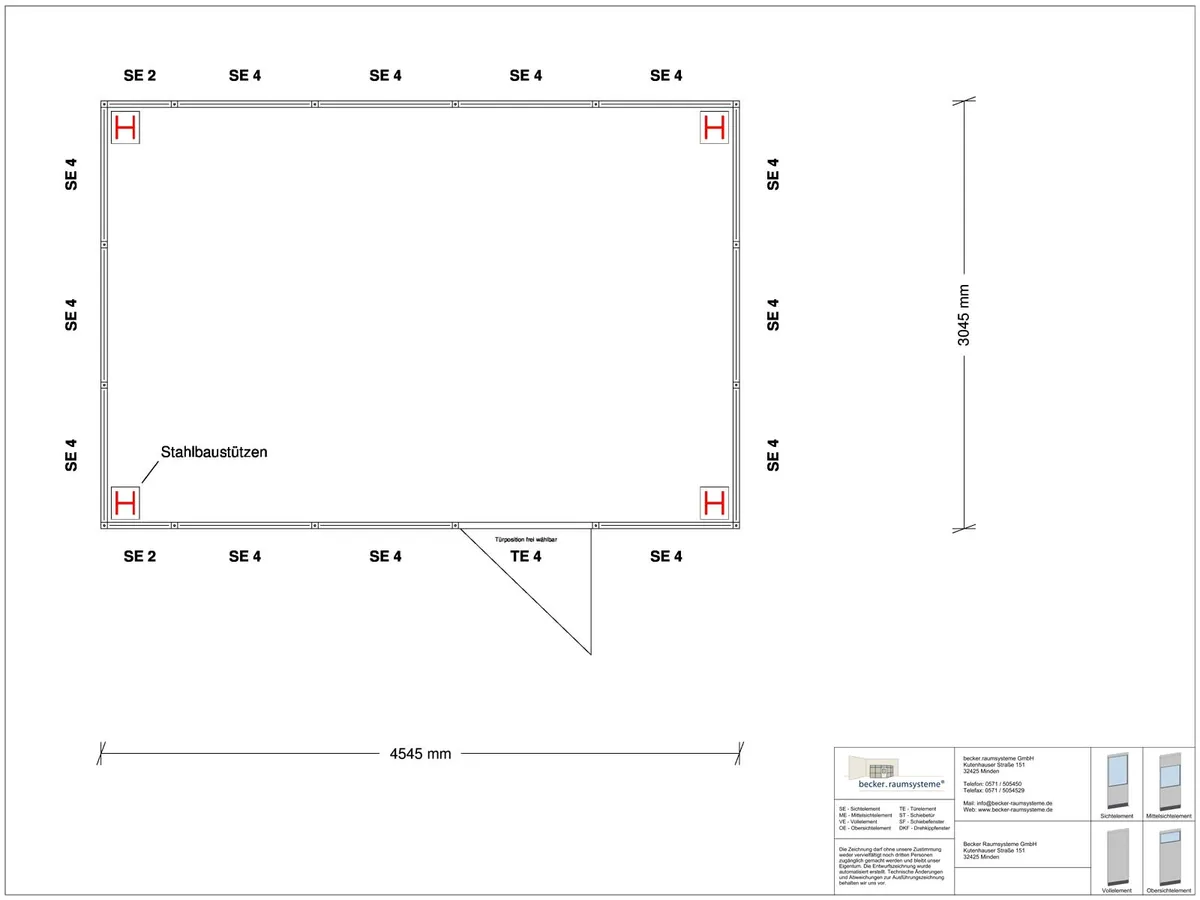 Zeichnung für Hallenbüro als Doppelstock 4-seitig 4,50 x 3,00 m System RS 45 von Becker Raumsysteme - Artikel HD4-4530