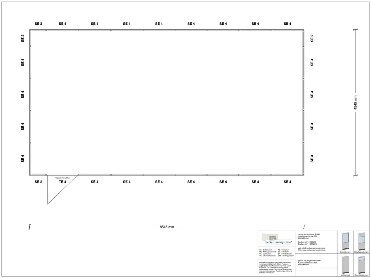 Zeichnung für Hallenbüro 4-seitig 8,50 x 4,50 m System RS 45 von Becker Raumsysteme - Artikel HB4-8545
