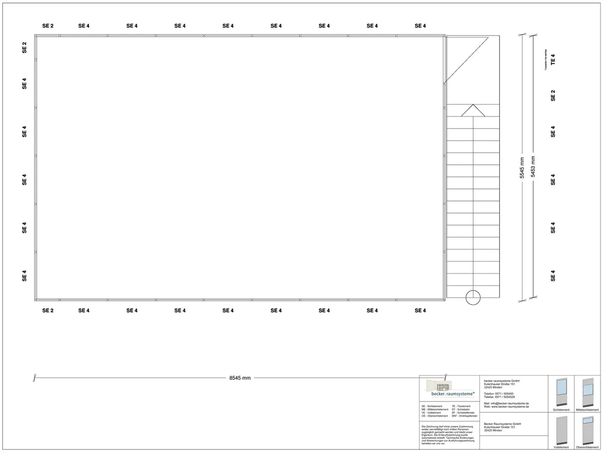 Zeichnung für Hallenbüro als Doppelstock 4-seitig 8,50 x 5,50 m System RS 45 von Becker Raumsysteme - Artikel HD4-8555