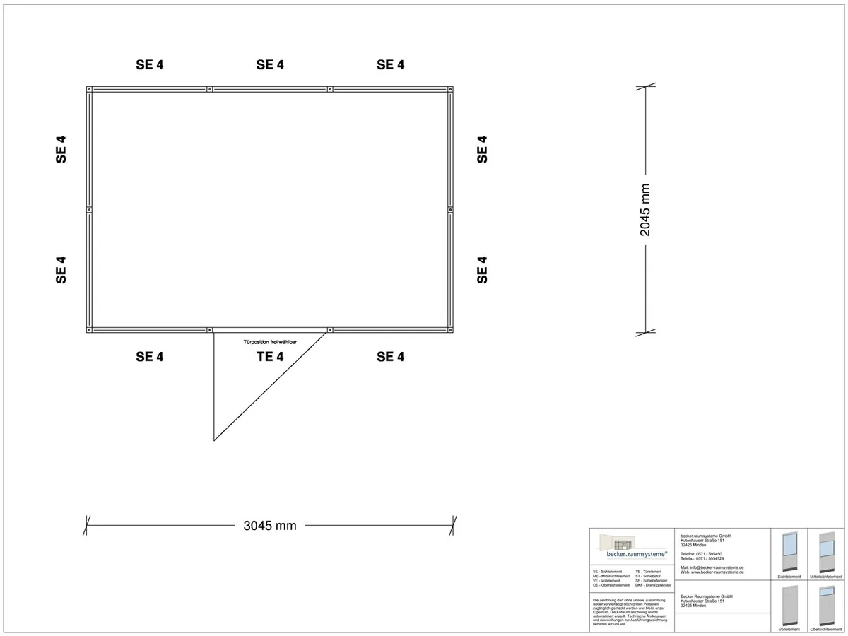 Zeichnung für Stellwand 4-seitig 3,00 x 2,00 m System RS 45 von Becker Raumsysteme - Artikel SW4-3020