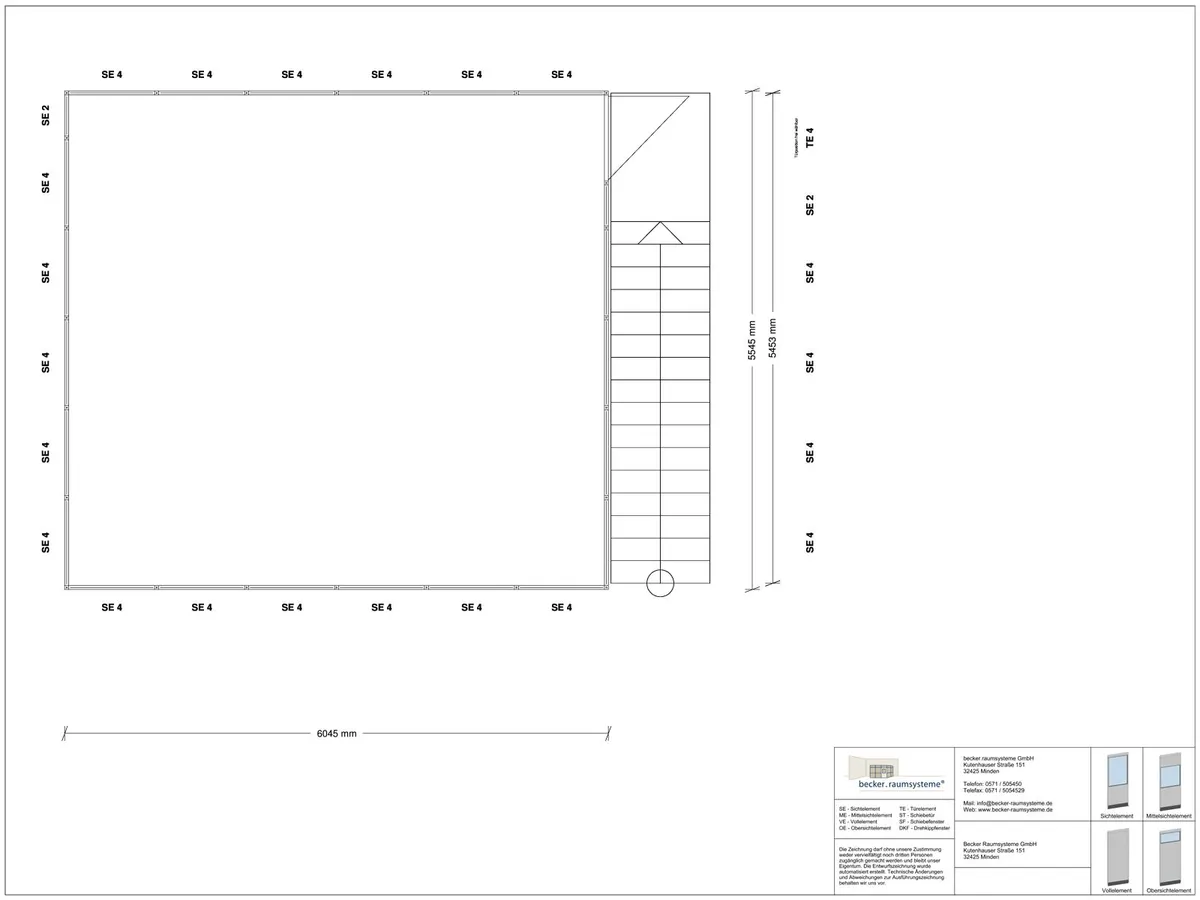 Zeichnung für Hallenbüro als Doppelstock 4-seitig 6,00 x 5,50 m System RS 45 von Becker Raumsysteme - Artikel HD4-6055
