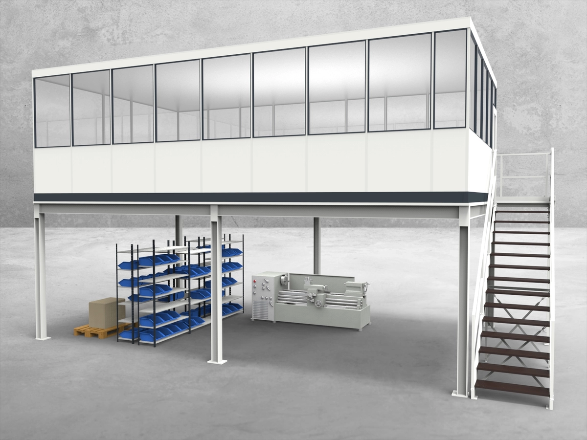 Aussenansicht für Hallenbüro auf Stahlbau 4-seitig 8,50 x 5,00 m System RS 45 von Becker Raumsysteme - Artikel HS4-8550