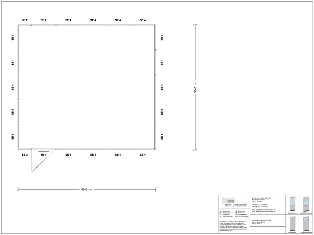 Zeichnung für Stellwand 4-seitig 5,50 x 5,00 m System RS 45 von Becker Raumsysteme - Artikel SW4-5550