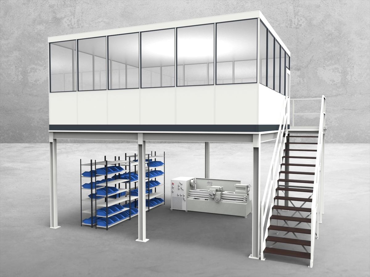 Aussenansicht für Hallenbüro auf Stahlbau 4-seitig 6,00 x 5,00 m System RS 45 von Becker Raumsysteme - Artikel HS4-6050