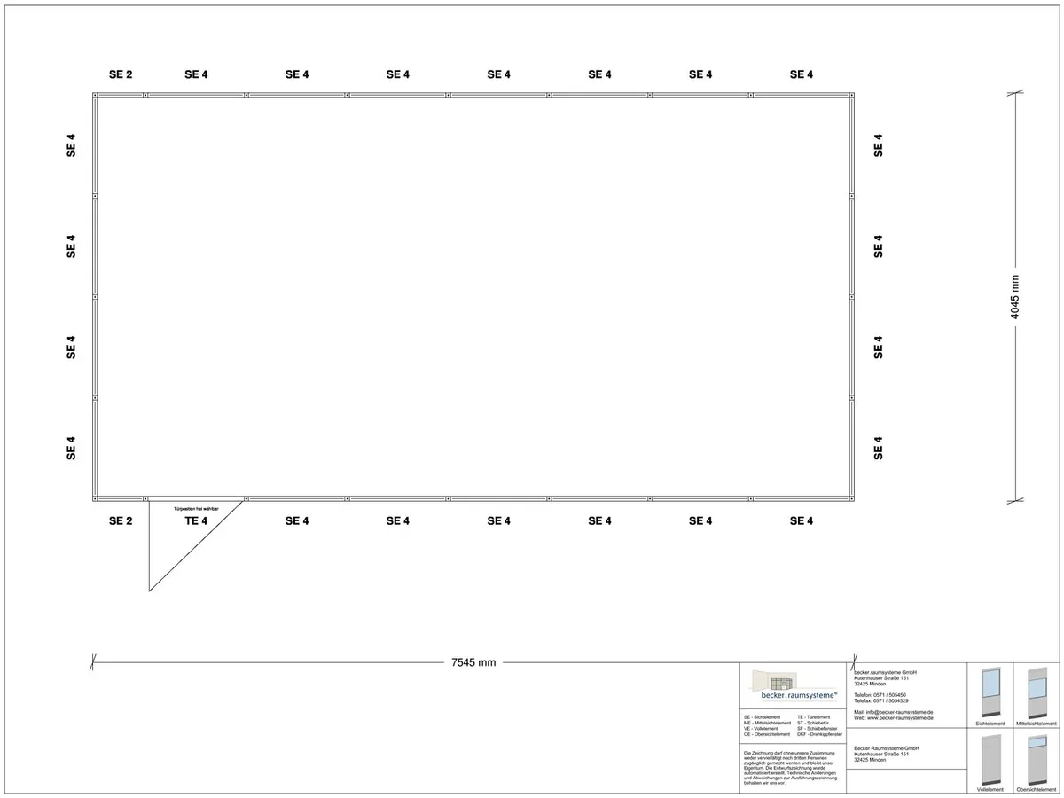 Zeichnung für Hallenbüro 4-seitig 7,50 x 4,00 m System RS 45 von Becker Raumsysteme - Artikel HB4-7540