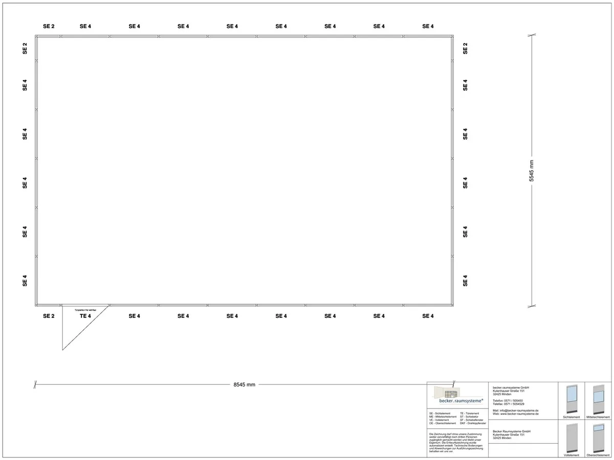 Zeichnung für Stellwand 4-seitig 8,50 x 5,50 m System RS 45 von Becker Raumsysteme - Artikel SW4-8555