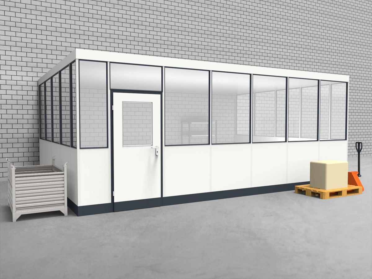 Aussenansicht für Hallenbüro 3-seitig 8,50 x 5,00 m System RS 45 von Becker Raumsysteme - Artikel HB3-8550