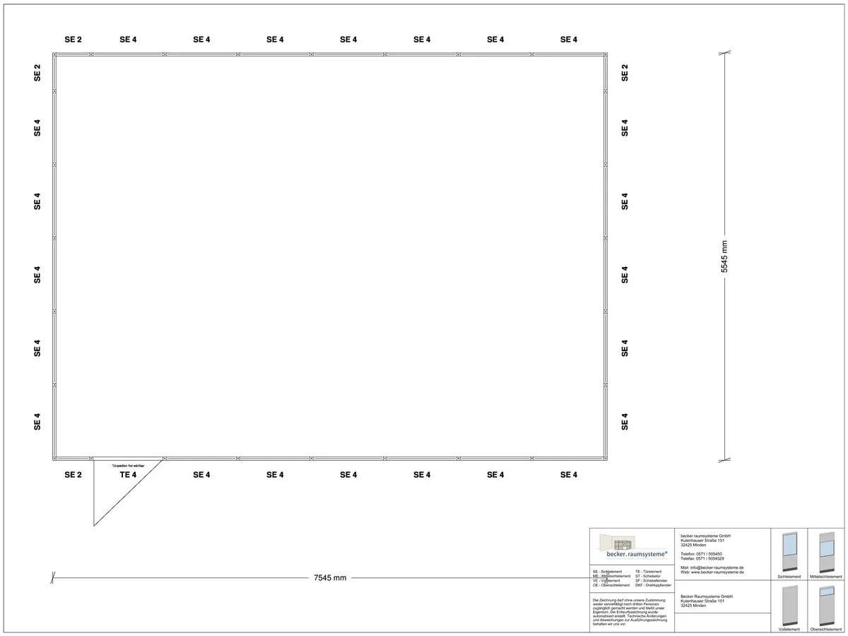 Zeichnung für Stellwand 4-seitig 7,50 x 5,50 m System RS 45 von Becker Raumsysteme - Artikel SW4-7555