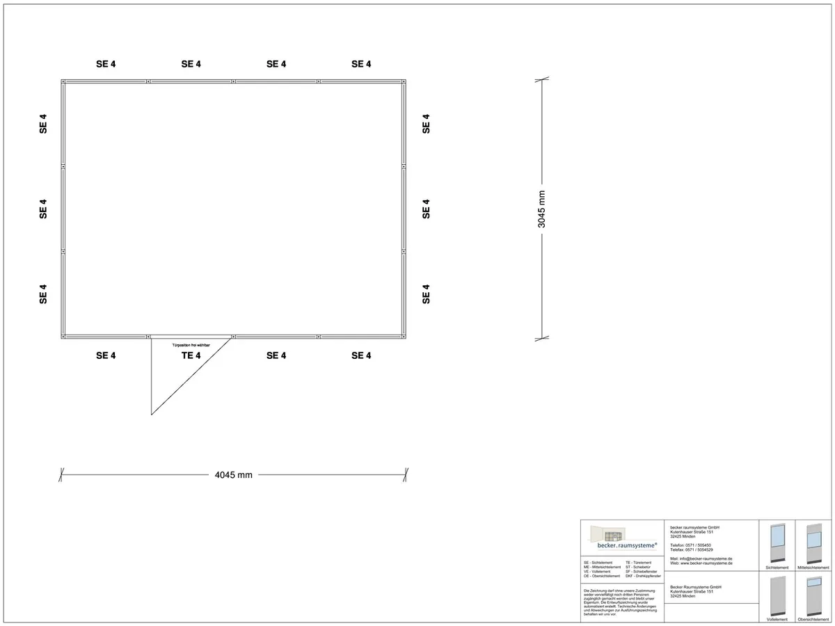 Zeichnung für Stellwand 4-seitig 4,00 x 3,00 m System RS 45 von Becker Raumsysteme - Artikel SW4-4030
