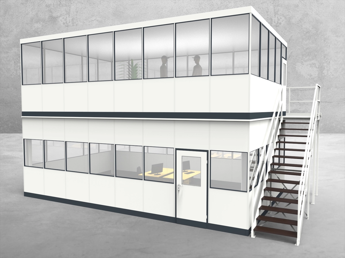 Aussenansicht für Hallenbüro als Doppelstock 4-seitig 8,00 x 5,00 m System RS 45 von Becker Raumsysteme - Artikel HD4-8050