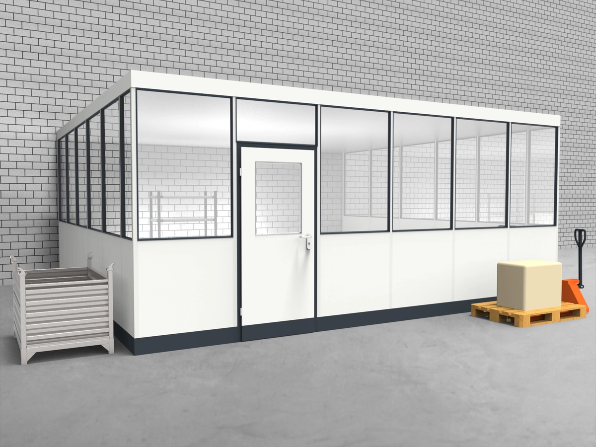 Aussenansicht für Hallenbüro 3-seitig 6,00 x 5,50 m System RS 45 von Becker Raumsysteme - Artikel HB3-6055