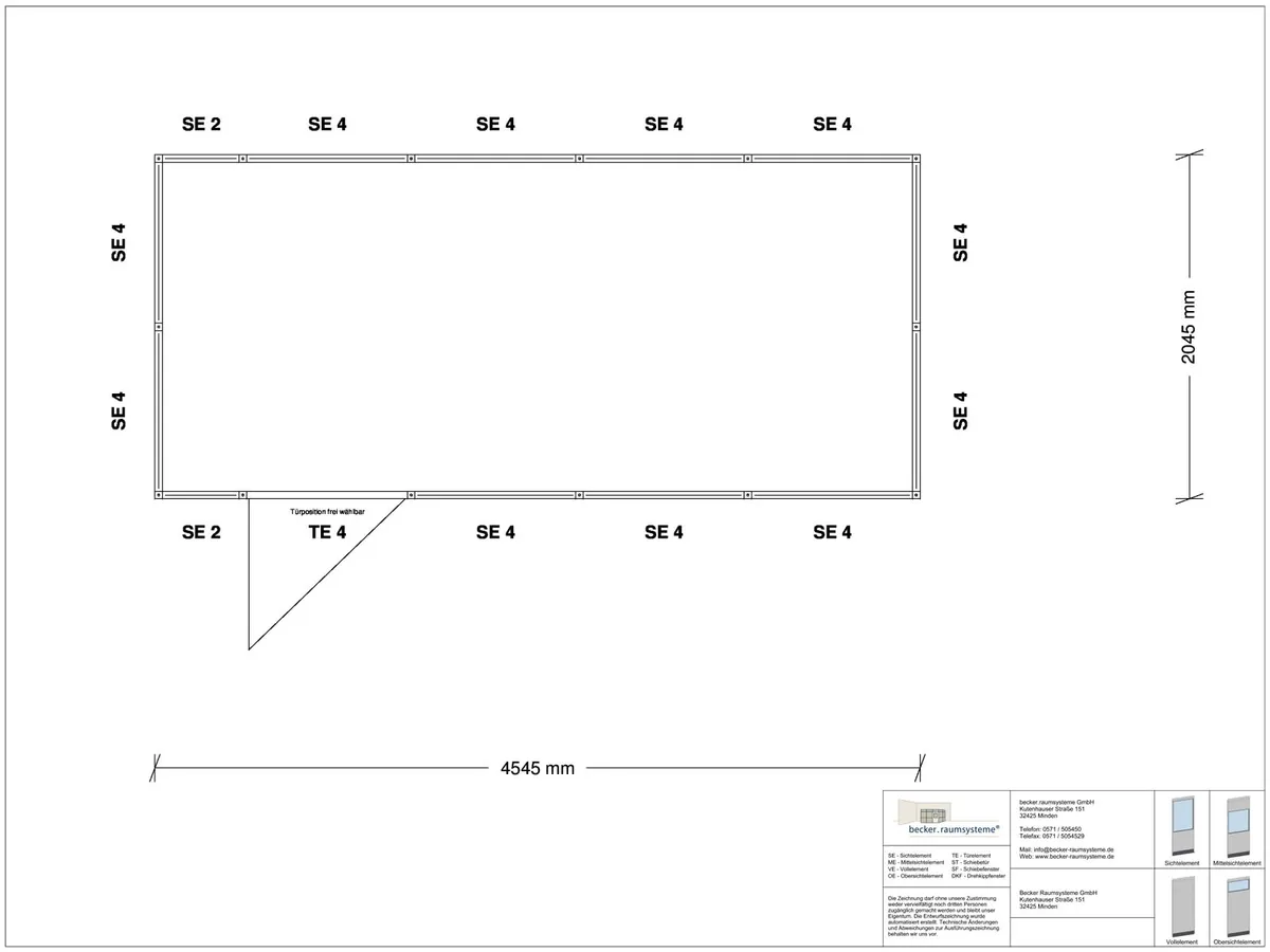 Zeichnung für Hallenbüro 4-seitig 4,50 x 2,00 m System RS 45 von Becker Raumsysteme - Artikel HB4-4520