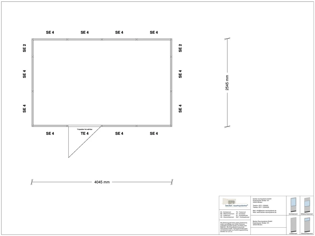 Zeichnung für Hallenbüro 4-seitig 4,00 x 2,50 m System RS 45 von Becker Raumsysteme - Artikel HB4-4025