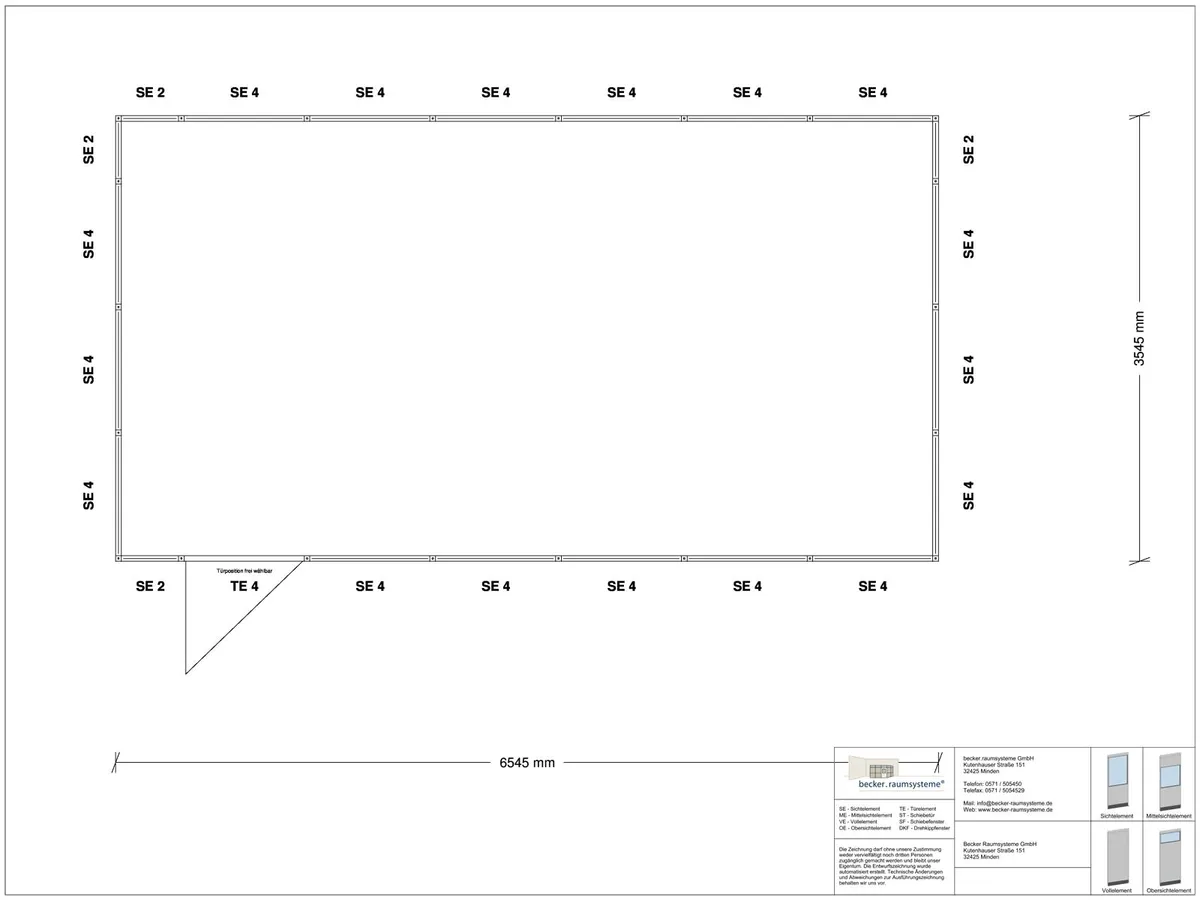 Zeichnung für Hallenbüro 4-seitig 6,50 x 3,50 m System RS 45 von Becker Raumsysteme - Artikel HB4-6535