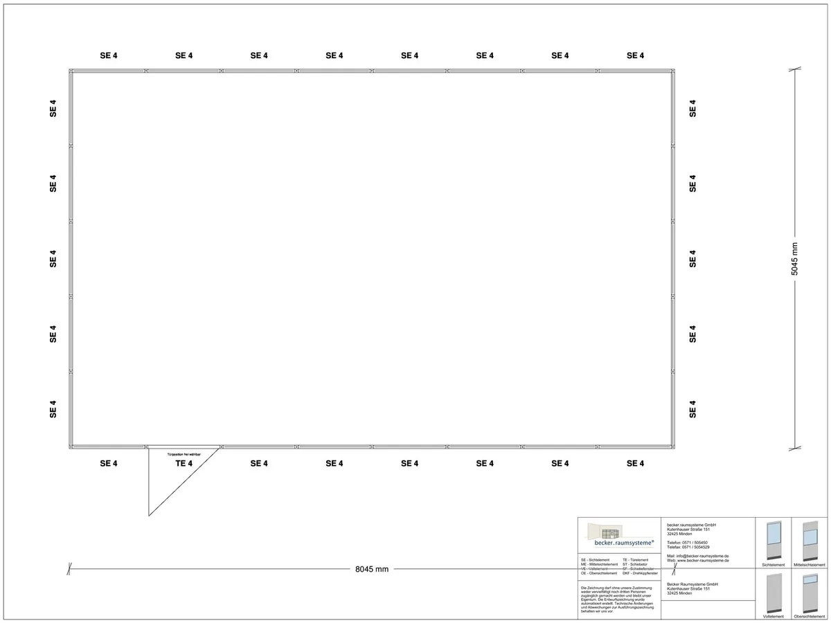 Zeichnung für Hallenbüro 4-seitig 8,00 x 5,00 m System RS 45 von Becker Raumsysteme - Artikel HB4-8050