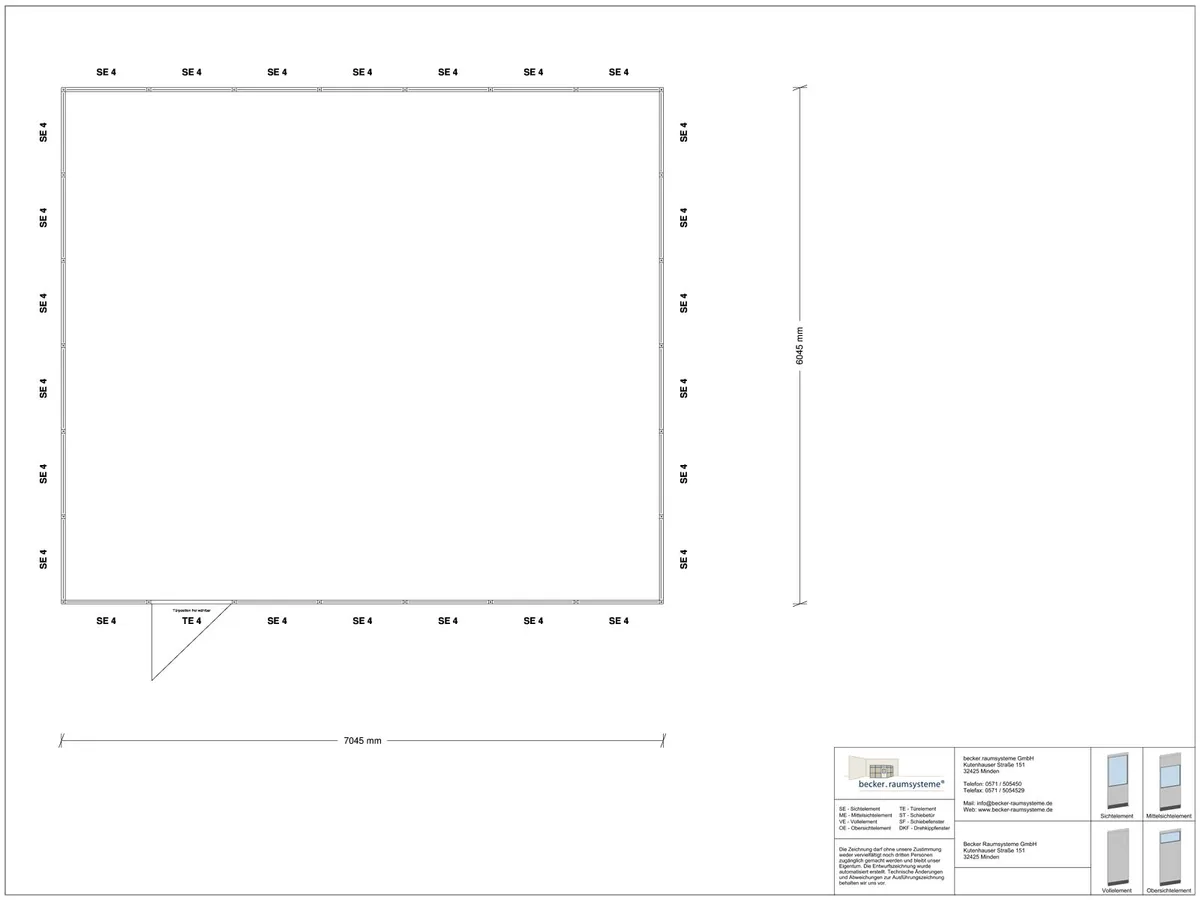 Zeichnung für Stellwand 4-seitig 7,00 x 6,00 m System RS 45 von Becker Raumsysteme - Artikel SW4-7060
