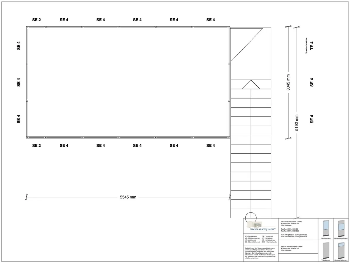 Zeichnung für Hallenbüro als Doppelstock 4-seitig 5,50 x 3,00 m System RS 45 von Becker Raumsysteme - Artikel HD4-5530