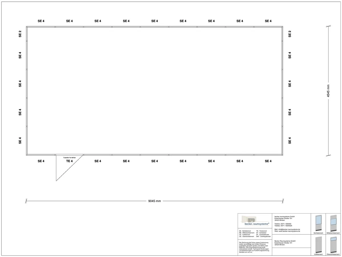 Zeichnung für Hallenbüro 4-seitig 9,00 x 4,50 m System RS 45 von Becker Raumsysteme - Artikel HB4-9045