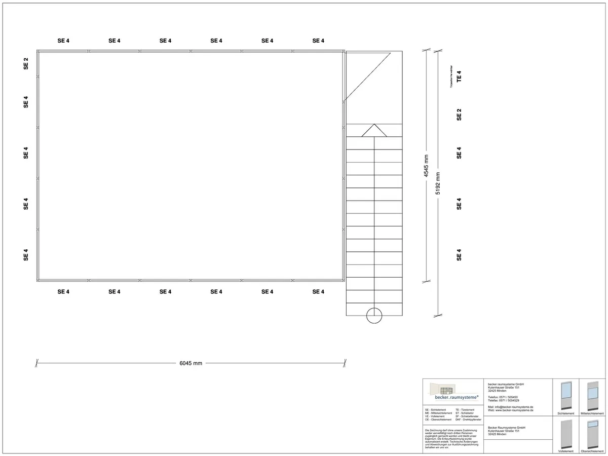 Zeichnung für Hallenbüro auf Stahlbau 4-seitig 6,00 x 4,50 m System RS 45 von Becker Raumsysteme - Artikel HS4-6045
