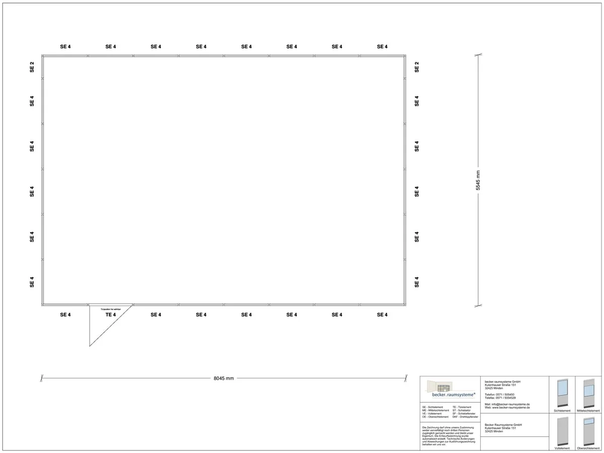 Zeichnung für Hallenbüro 4-seitig 8,00 x 5,50 m System RS 45 von Becker Raumsysteme - Artikel HB4-8055