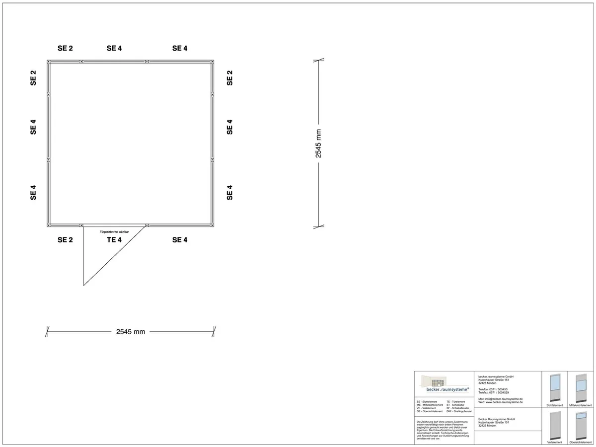 Zeichnung für Stellwand 4-seitig 2,50 x 2,50 m System RS 45 von Becker Raumsysteme - Artikel SW4-2525