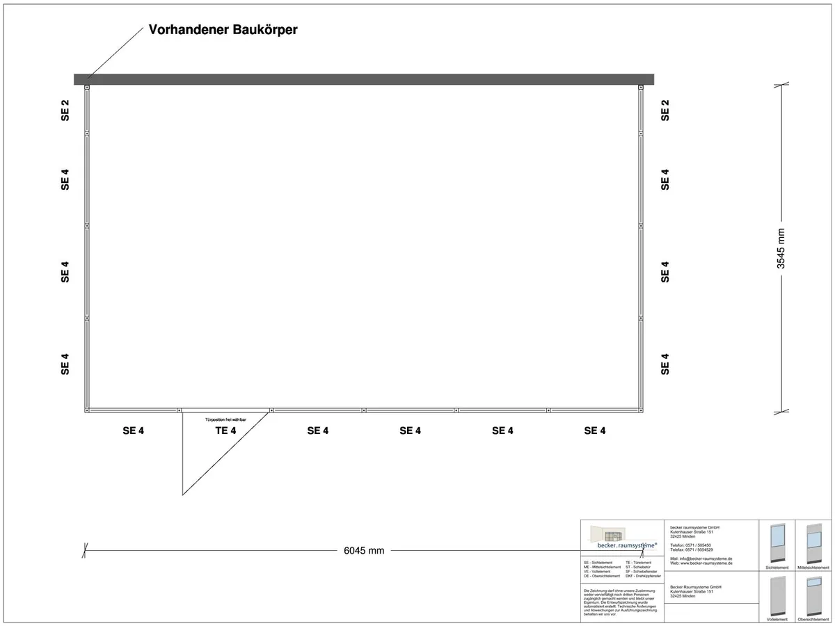 Zeichnung für Hallenbüro 3-seitig 6,00 x 3,50 m System RS 45 von Becker Raumsysteme - Artikel HB3-6035