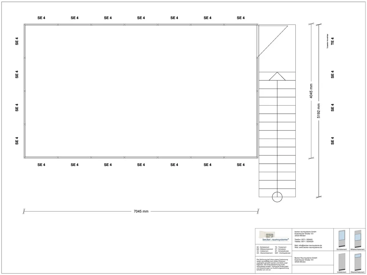 Zeichnung für Hallenbüro als Doppelstock 4-seitig 7,00 x 4,00 m System RS 45 von Becker Raumsysteme - Artikel HD4-7040