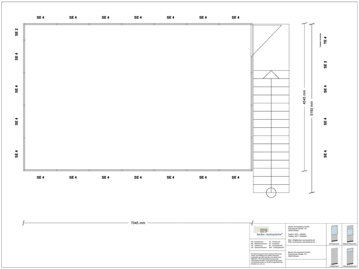 Zeichnung für Hallenbüro auf Stahlbau 4-seitig 7,00 x 4,50 m System RS 45 von Becker Raumsysteme - Artikel HS4-7045