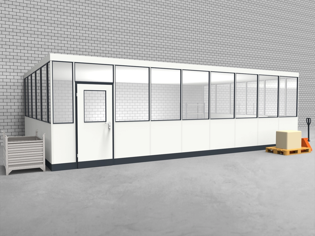 Aussenansicht für Hallenbüro 3-seitig 8,50 x 4,00 m System RS 45 von Becker Raumsysteme - Artikel HB3-8540