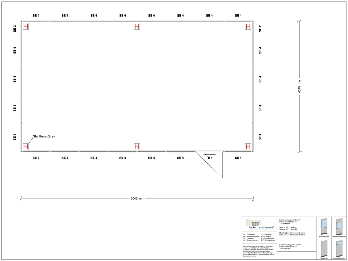 Zeichnung für Hallenbüro als Doppelstock 4-seitig 8,00 x 4,50 m System RS 45 von Becker Raumsysteme - Artikel HD4-8045