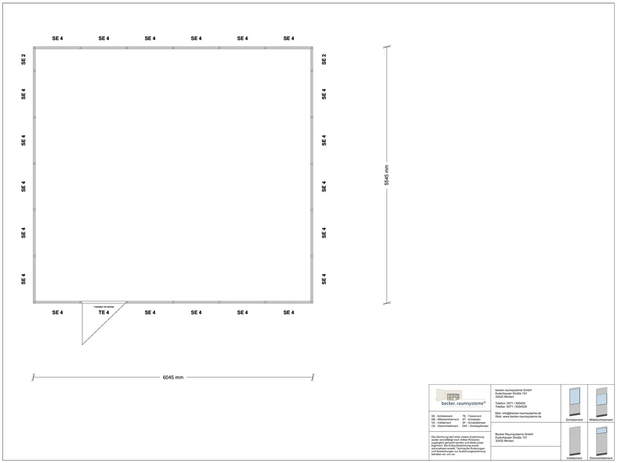 Zeichnung für Stellwand 4-seitig 6,00 x 5,50 m System RS 45 von Becker Raumsysteme - Artikel SW4-6055