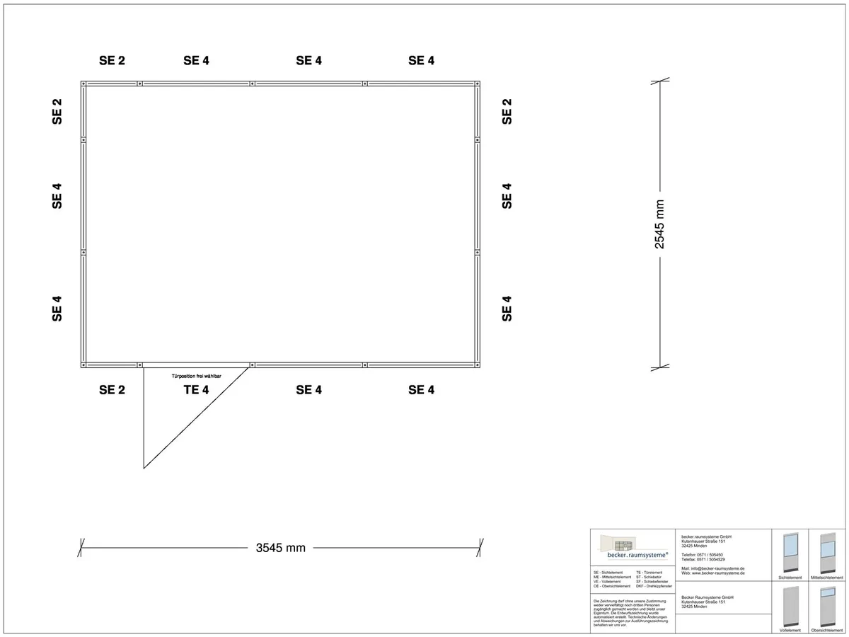 Zeichnung für Stellwand 4-seitig 3,50 x 2,50 m System RS 45 von Becker Raumsysteme - Artikel SW4-3525