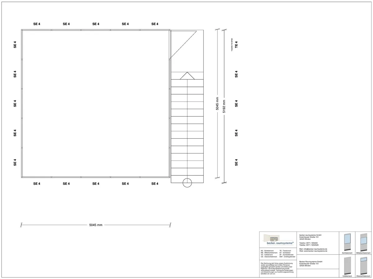 Zeichnung für Hallenbüro als Doppelstock 4-seitig 5,00 x 5,00 m System RS 45 von Becker Raumsysteme - Artikel HD4-5050