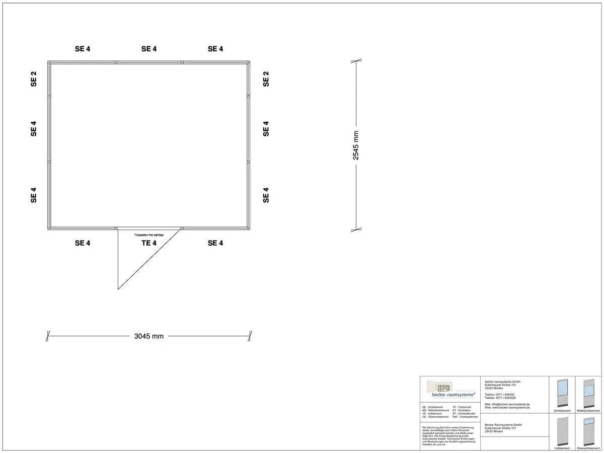 Zeichnung für Stellwand 4-seitig 3,00 x 2,50 m System RS 45 von Becker Raumsysteme - Artikel SW4-3025