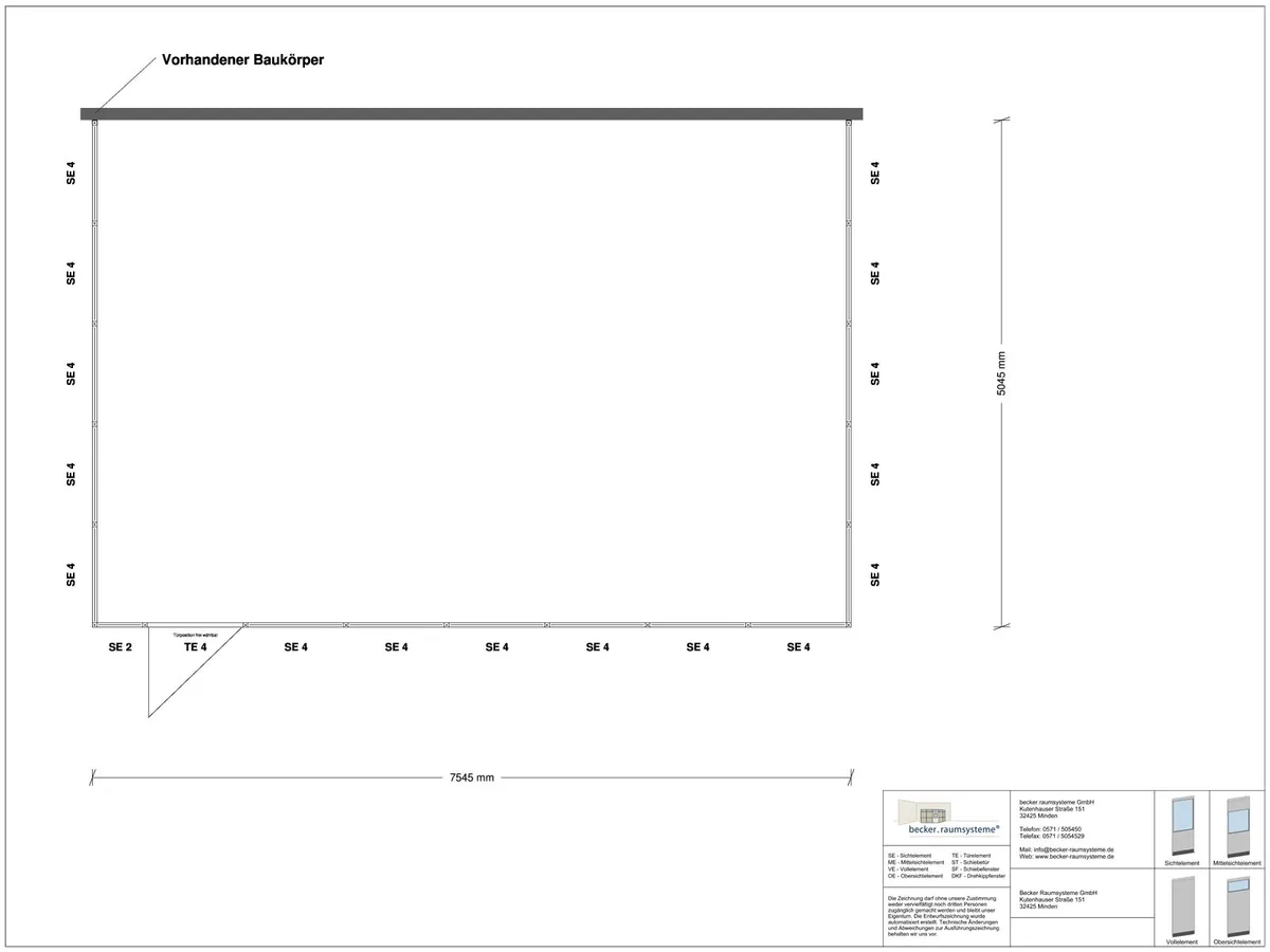 Zeichnung für Hallenbüro 3-seitig 7,50 x 5,00 m System RS 45 von Becker Raumsysteme - Artikel HB3-7550